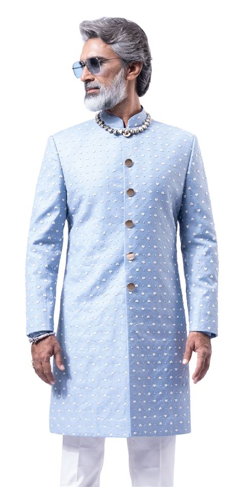 Ice Blue Peak & Valley French Knot Highlight Sherwani – herringbonesui