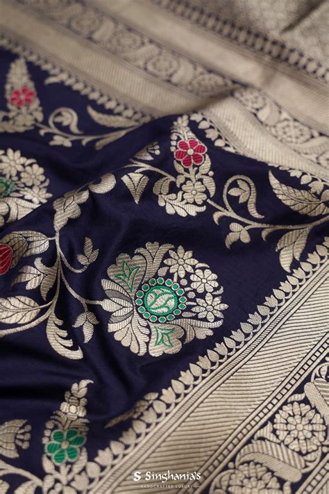 Prussian Blue Banarasi Silk Saree With Floral Jaal Weaving | Singhania's