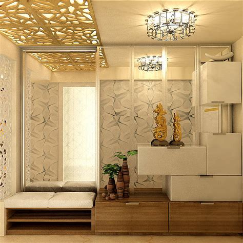 An elegant entrance lobby with mirror & gold screen work space design ...