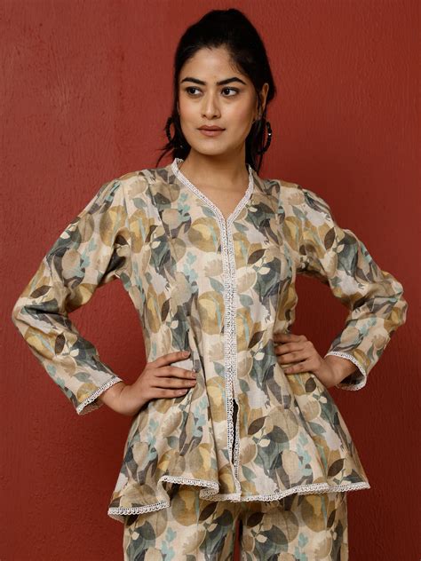 Buy Olive Green Abstract Printed Top With Palazzo Co-ord Set - Jaipur Kurti