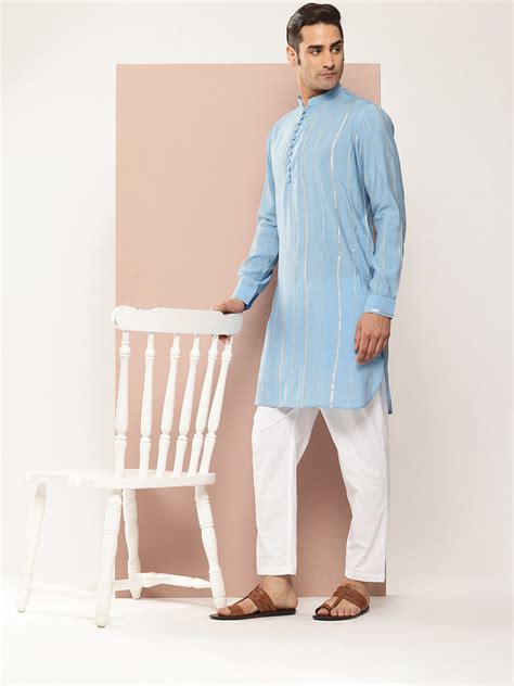 Men's Blue Chanderi Silk Kurta with Sequin Embroidery, Paired with Pyj ...