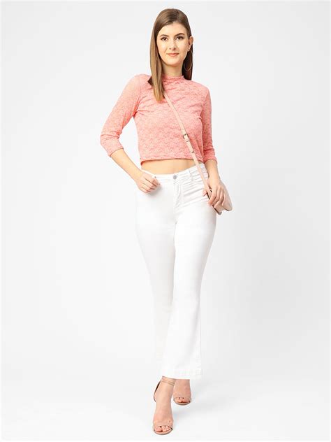 Buy Women Peach Crop Lace Top | Kraus Jeans