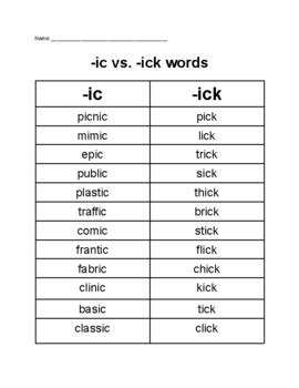 -ic vs. ick Words by Alex Fehmel | TPT
