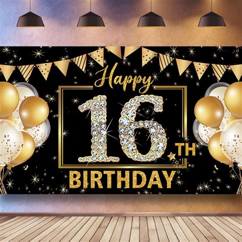 Buy 16th Birthday Decorations Backdrop Banner, Black Gold Happy 16th ...