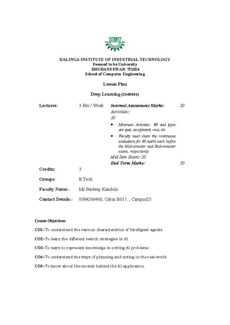 KALINGA INSTITUTE OF INDUSTRIAL TECHNOLOGY B.Tech Lesson Plan: Deep ...
