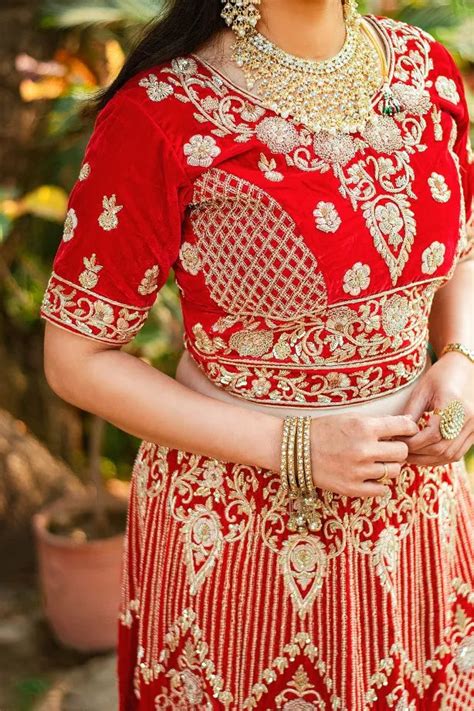 Red velvet zardozi embroidered lehenga and blouse with net dupatta ...