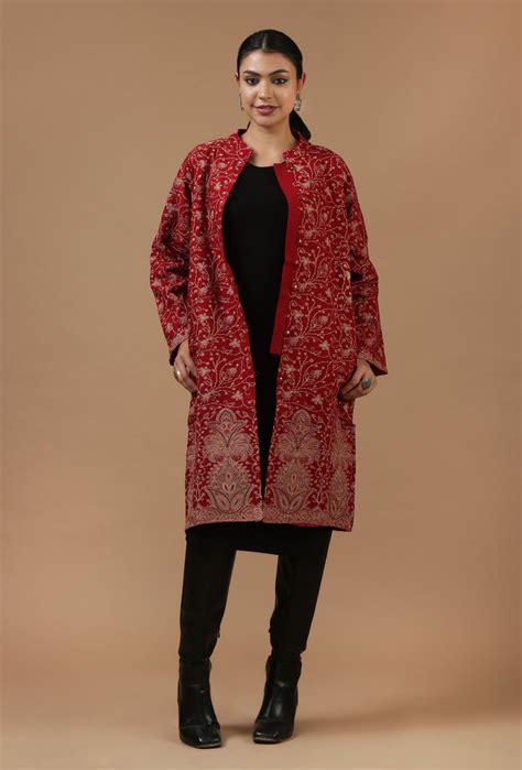 Maroon Kashmiri Aari Embroidered Woollen Long Jacket – TJORI