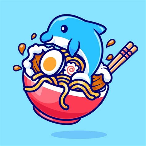 Lindo macarrão Ramen com peixe golfinho Vector de desenho animado Icon ...