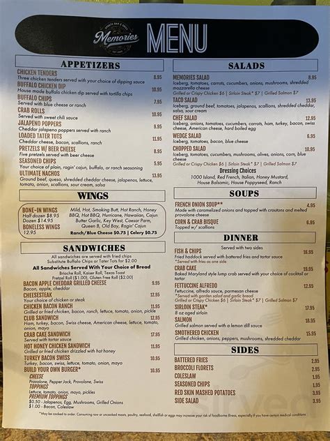 Memories Sports Bar & Grill menus in Huntingdon, Pennsylvania, United States