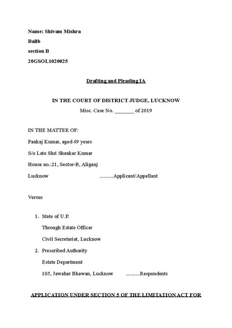 DRafting IA1 - Name: Shivam Mishra Ballb section B 20GSOL Drafting and ...