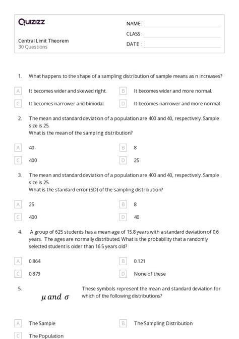 50+ central limit theorem worksheets for 10th Class on Quizizz | Free ...