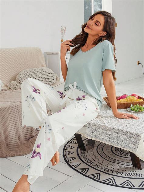 Serenescape Floral Print Bow Front PJ Set / Pajama Set | SHEIN USA