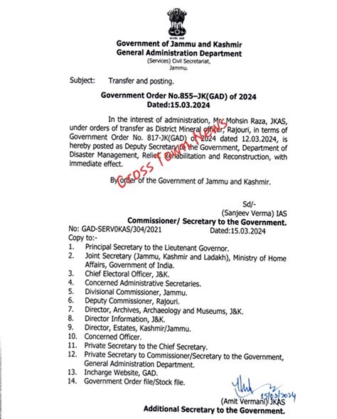 J&K Govt modifies Transfer order of JKAS Officer within 03 days