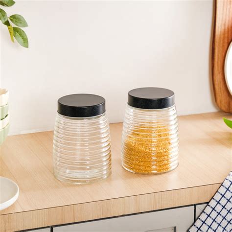 Glass Kitchen Jars With Lid Set Of 4 Rings Design 1400ml Online ...