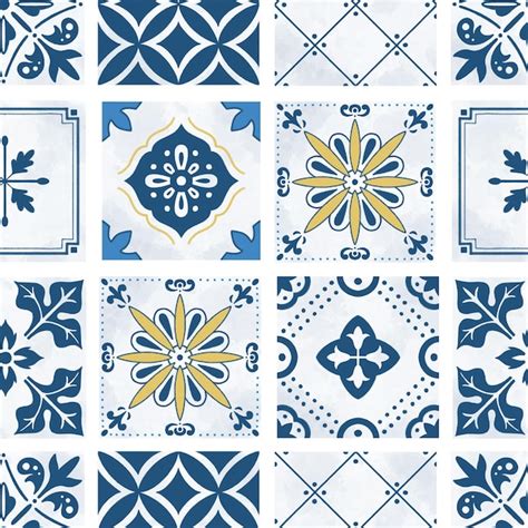 Blue and yellow mediterranean tiles seamless pattern wallpaper ...
