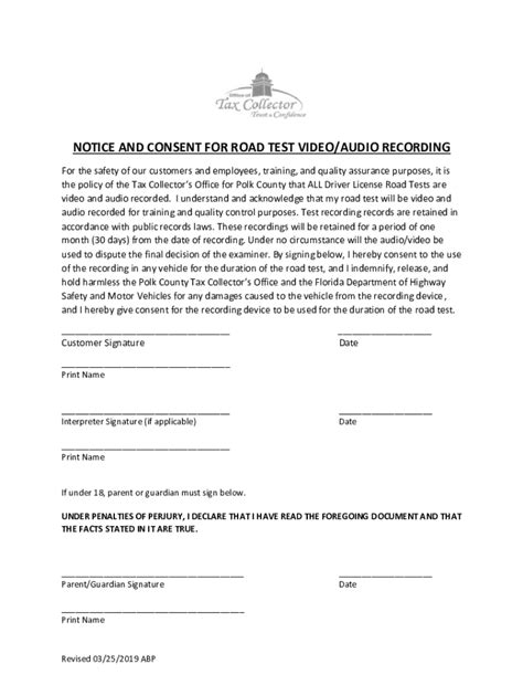 2019-2026 Form FL Notice and Consent for Road Test Video/Audio ...