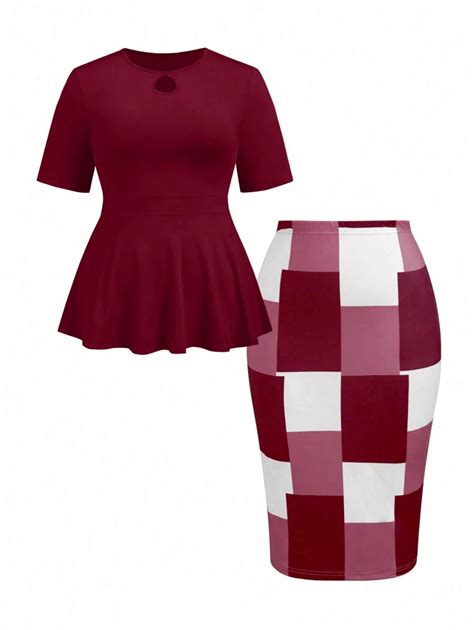 SHEIN Clasi Plus Size Women's Cutout Collar Solid Color Top & Plaid ...