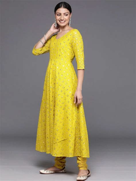 Buy Mustard Embroidered Georgette Anarkali Kurta With Churidar ...
