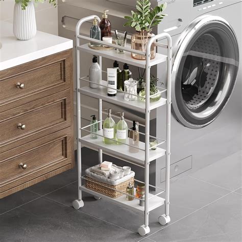 Slim Storage Cart, 4 Tier Rolling Utility Cart on Wheels, Slim Bathroom ...