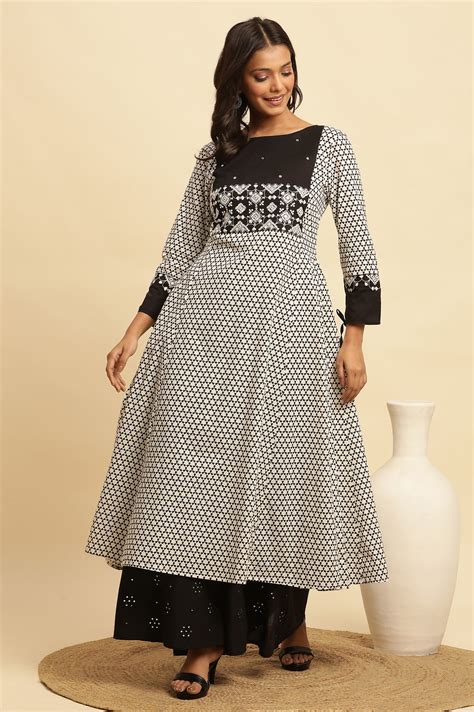 Buy White And Black Printed Flared Kurta With Embroidery @ 2799 | W for ...