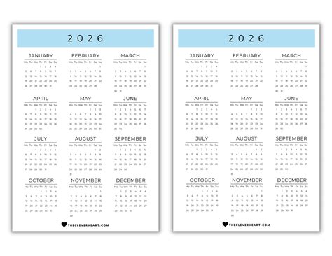 Yearly Calendar 2026 Printable