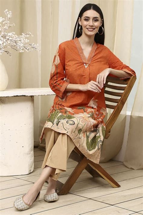 Buy Orange Cotton Blend Schiffli Straight Kurta Set Online at Biba India