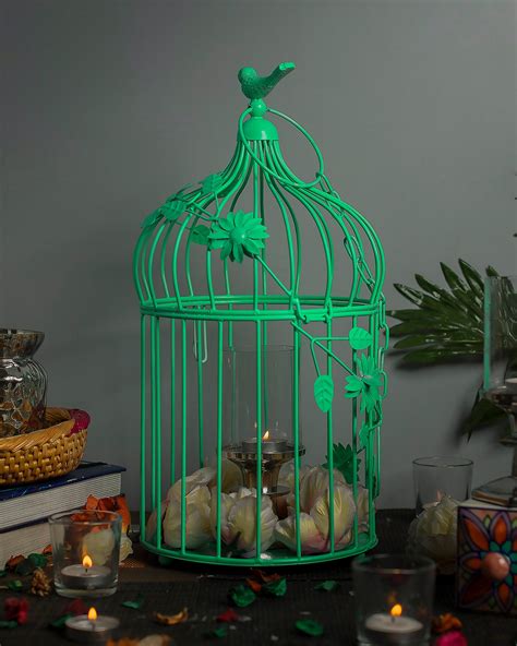 Sea Green Bird Cage with Floral Vine (Set of 2), with hanging chain ...