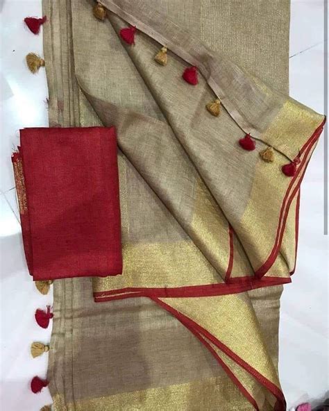 Linen cotton saree in Tan , dazzling designer wear – Ibis Fab