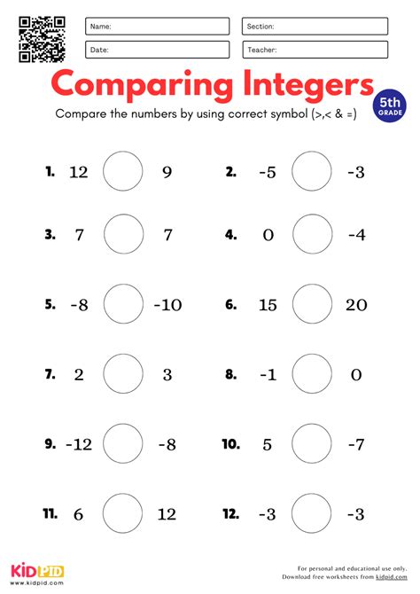 Integers Worksheet for Grade 5 - Kidpid