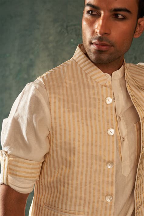 Charkhee Menswear - Midas Ivory Tissue Stripe Nehru Jacket - Elahe
