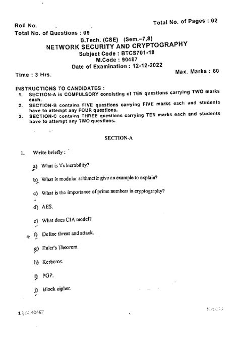 B.Tech CSE 7th & 8th Sem Network Security & Cryptography Exam 90487 ...