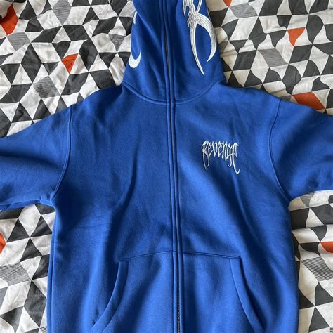 Revenge Men's Blue and White Hoodie | Depop