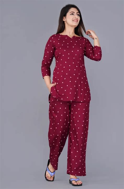 Trendme Polka Dot Printed Rayon Maroon Night Suit Price in I