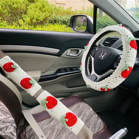 Steering Wheel Cover for Women, Crochet Cute Strawberry Flower Seat Belt Cover, Car Accessories ...