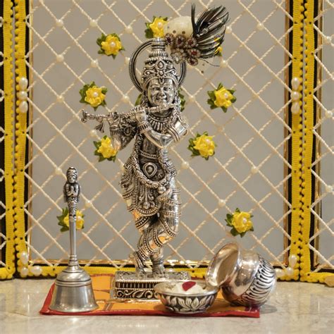 Silver Krishna Idol - Lord Krishna Statue for Pooja and Worship ...