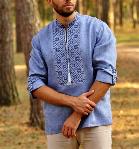 Linen Men's blue Stylish Boho Folk ethnic vyshivanka shirt, Summer ...