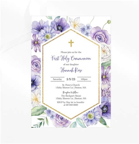 First Holy Communion Invitation Girl, Purple Floral 1st Communion ...