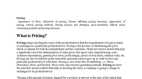 Unit III Pricing: Importance, Objectives, Factors, and Strategies - Studocu