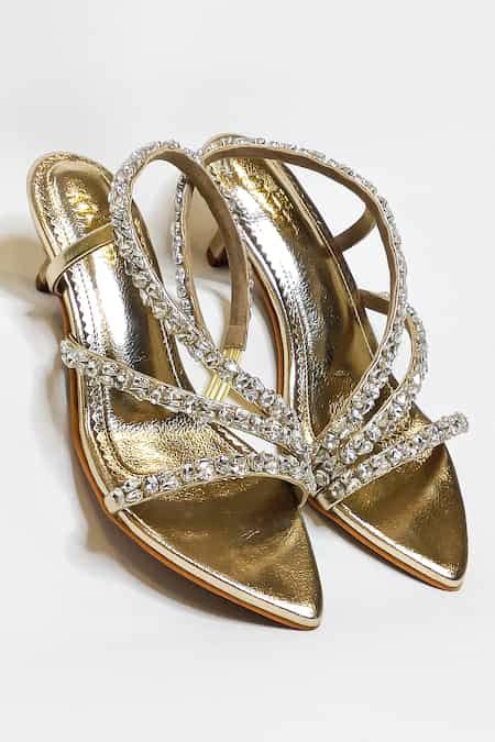 Buy Gold Rhinestones Kiara Metallic Embellished Kitten Heels by The ...