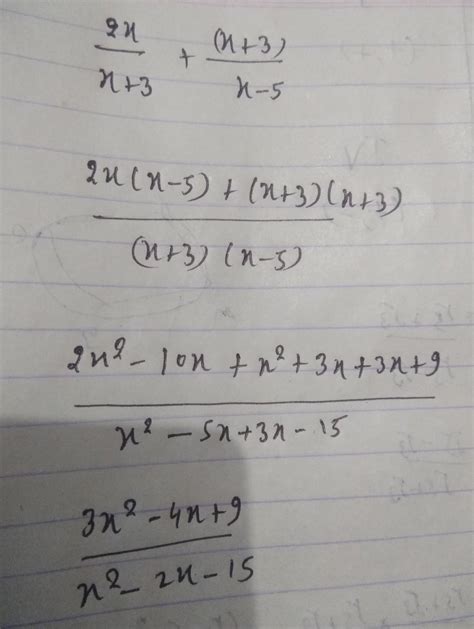 Write as a single fraction in its simplest form:2x/x+3 + x+3/x-5 ...