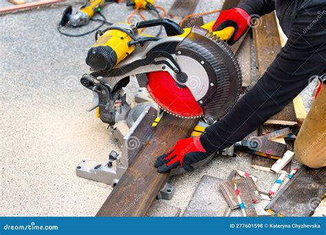 Cutting Laminate Flooring with a Circular Saw Outdoors Stock Photo ...