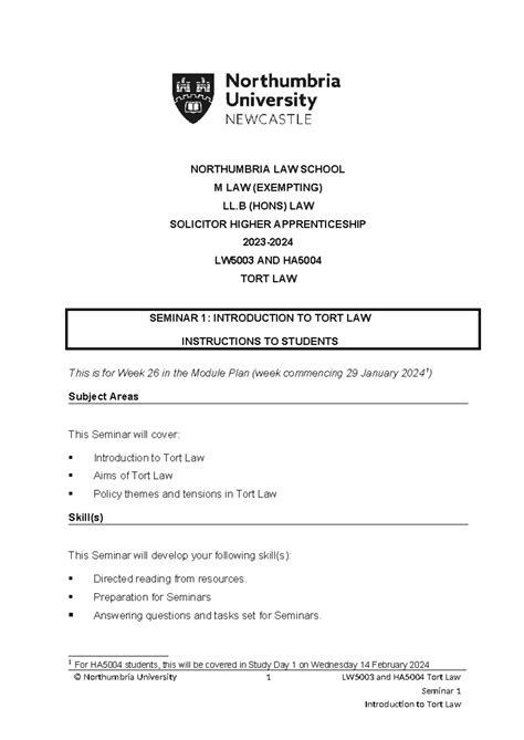 TORT Seminar 1 - NORTHUMBRIA LAW SCHOOL M LAW (EXEMPTING) LL (HONS) LAW SOLICITOR HIGHER - Studocu