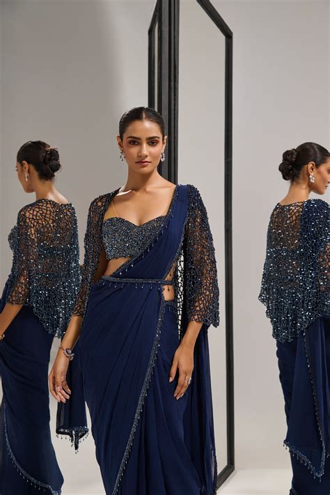 Navy blue saree set with crystal cape – Mala and Kinnary