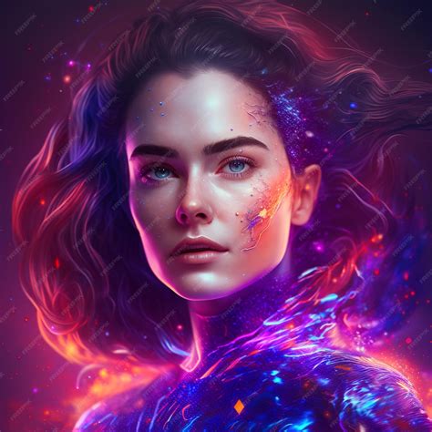 Een vrouw met blauwe ogen en blauw en rood haar staat voor een vuur en ...