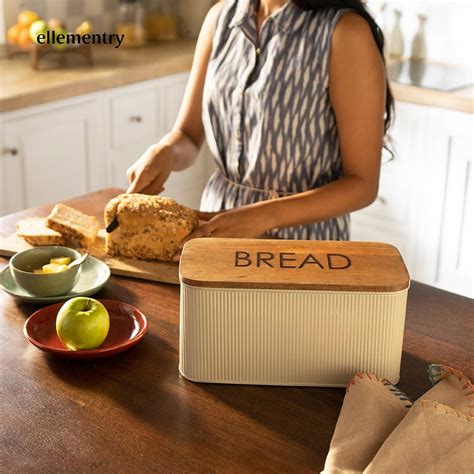 Ellementry Egg Shell Metal Bread Box With Wooden Lid| Colour: Egg ...