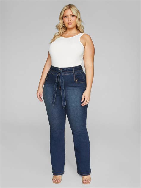 Plus Size High Rise Tie Waist Flare Leg Jeans | Fashion to Figure