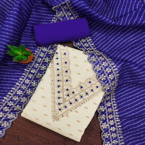 Off White & Blue Embroidered Chanderi Dress Material