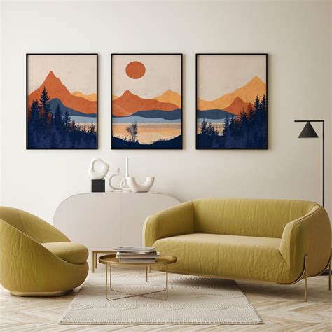 Set of 3 Mountain Art. Mid Century Modern Wall Art, Minimalist Landsca ...