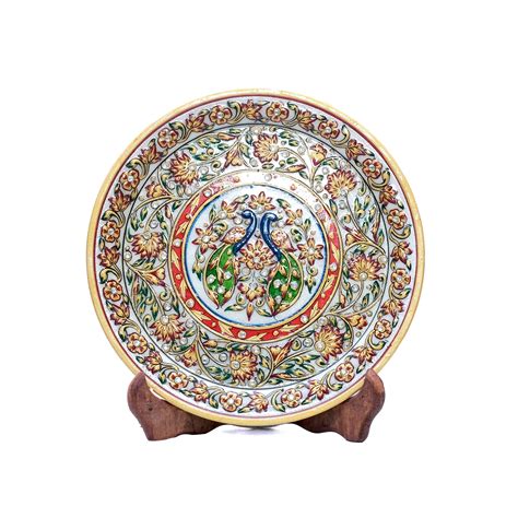Round Shaped Marble Display Plate with Stand Minakari Handpainted Disp