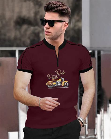 Ride with the River Maroon Half Zippered Mandarin Half Sleeve Men's T-